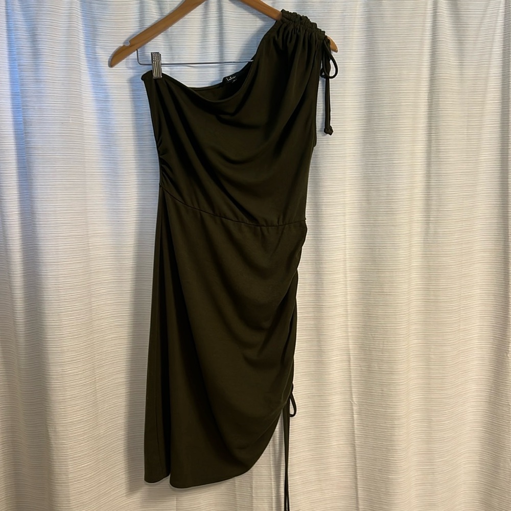 lulus midi a-symmetrical olive green dress